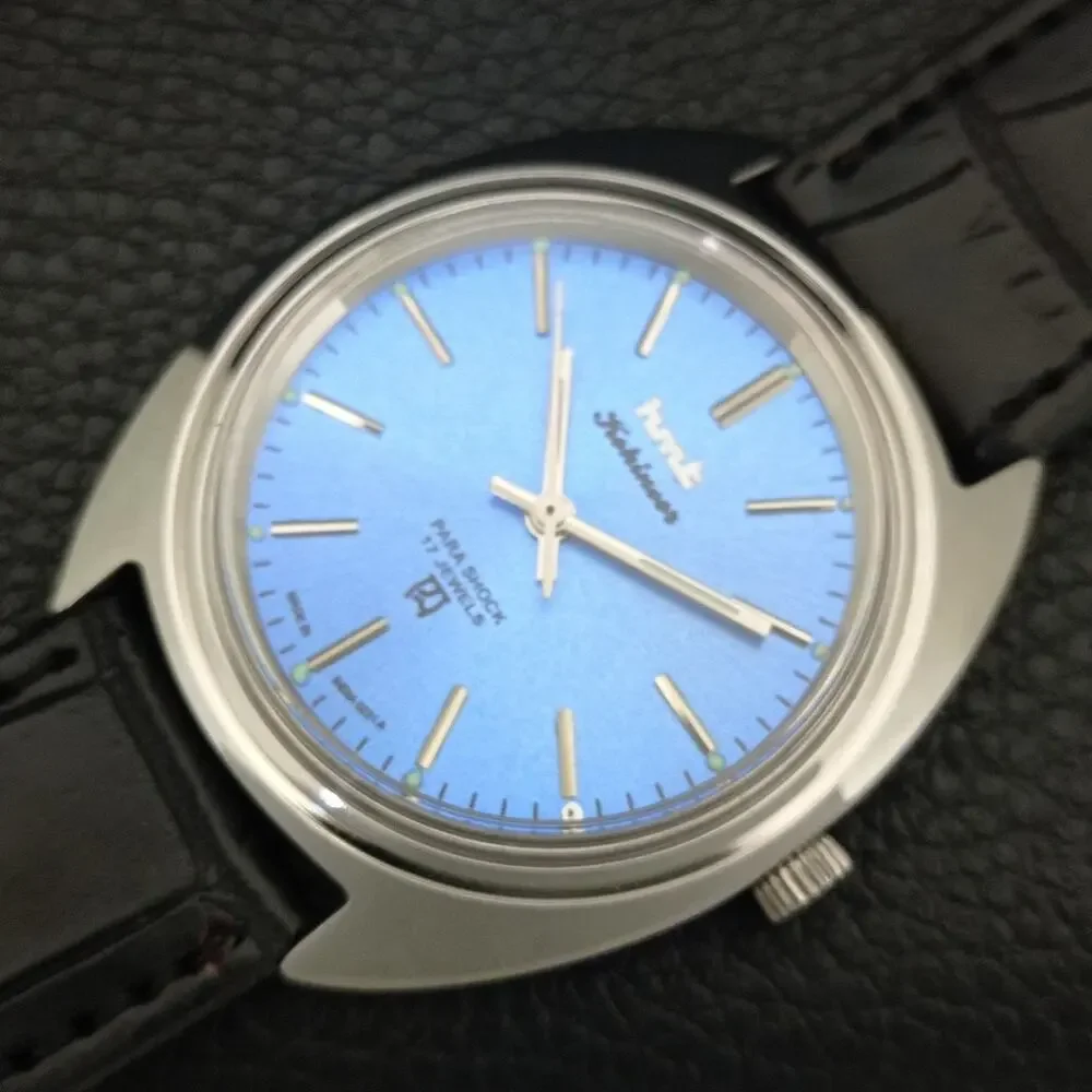 Vintage 1982 HMT Manual Wound Mens Silver Watch & Blue accents